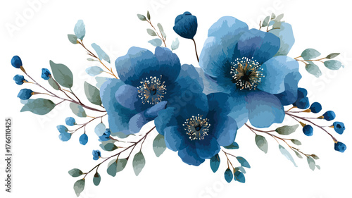 Elegant Blue Flower Arrangement with Branches and Lush Greene