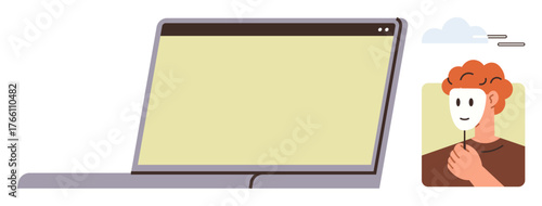 Laptop with blank yellow screen and person holding a mask, representing online anonymity, identity, and privacy. Ideal for authenticity, cybersecurity, virtual interaction, digital communication