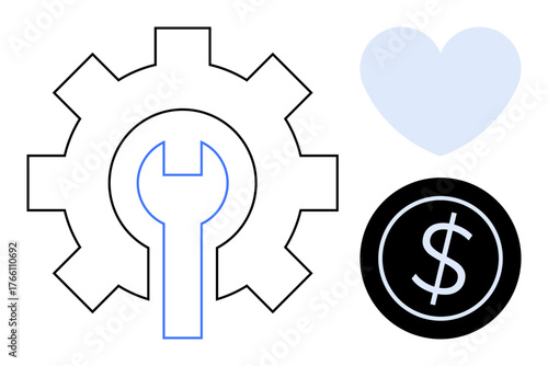 Simplified gear with a wrench, soft heart shape, and dollar coin suggest harmony between repair, care, and finances. Ideal for service, love, economy, innovation charity maintenance