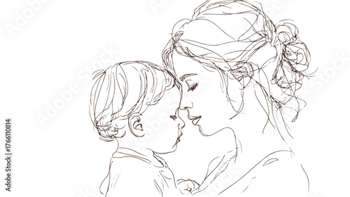 Tender Mother and Child Hand Drawn Line Art Vector Illustration with Outline