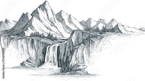 Majestic Mountain Range with Cascading Waterfall Vector Landscape