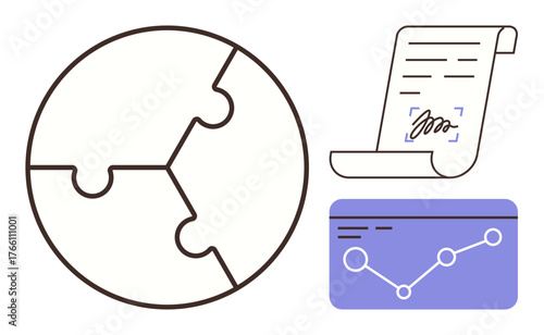 Puzzle globe for teamwork, signed contract for agreement, and chart for analytics. Ideal for partnership, collaboration, global planning, business agreements, strategy, success simple flat metaphor