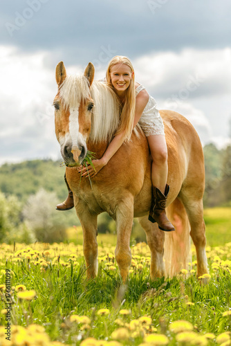Canvas Print Young woman riding her Haflinger horse bareback in a blooming meadow on a sunny