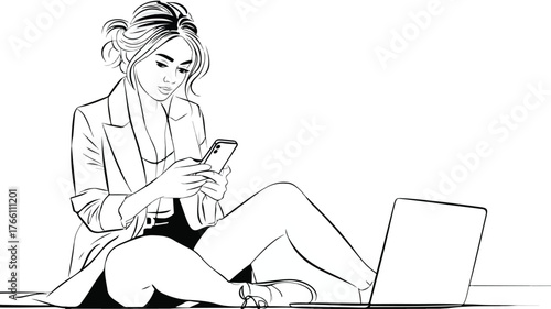 Professional Woman Sitting with Smartphone and Laptop Vector Illustration