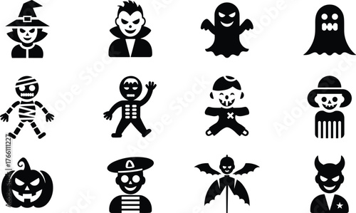 Halloween costume vector icons set with witch, vampire, ghost, skeleton, mummy, zombie, clown, pumpkin, pirate, and devil in clean minimal silhouette design