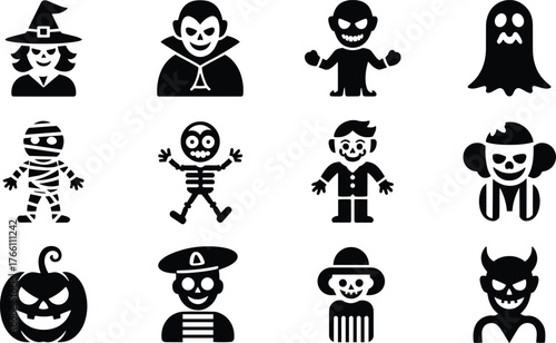 Halloween costume vector icons set with witch, vampire, ghost, skeleton, mummy, zombie, clown, pumpkin, pirate, and devil in clean minimal silhouette design