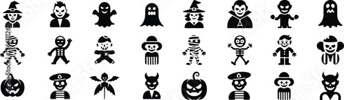 Halloween costume vector icons set with witch, vampire, ghost, skeleton, mummy, zombie, clown, pumpkin, pirate, and devil in clean minimal silhouette design