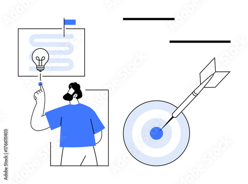 Person pointing at a lightbulb on a flowchart with a bullseye target and dart. Ideal for strategy, goal setting, creativity, project planning, innovation, success, future planning, simple flat