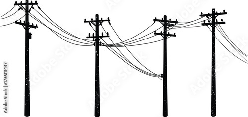 Silhouette utility poles with sagging power lines and insulators, electrical infrastructure illustration set, rural engineering design, black vector concept