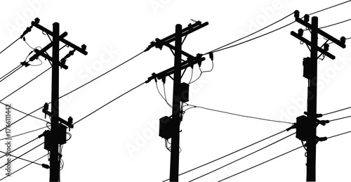 Silhouette utility poles with transformers, insulators and power lines, electrical infrastructure illustration set, urban engineering design, black vector concept