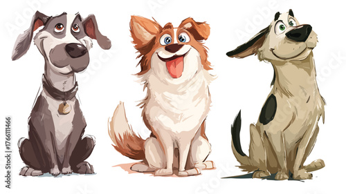 Adorable Vector Cartoon Cute Dogs with Outline Isolated on White Background