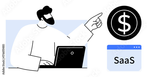 Laptop user pointing at dollar sign, symbolizing SaaS growth and profitability. Ideal for SaaS, finance, business, analysis, strategy, growth technology. Simple flat metaphor