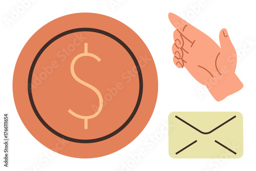 Dollar coin, hand pointing gesture, and envelope symbolizing payment, transactions, messages, earning management. Ideal for finance, business, transaction communication savings budgets