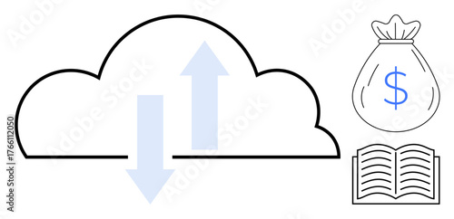 Up and down arrows within a cloud, dollar sack, and open book represent data sharing, financial growth, education. Ideal for technology, finance, learning, innovation economy progress simple flat