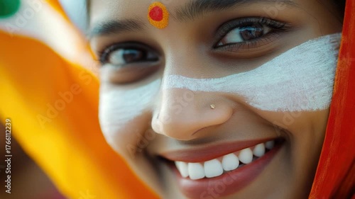 A woman with white face paint for ceremonial or artistic purposes