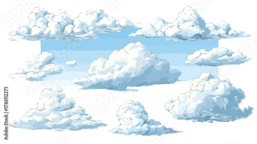 White Cloud Collection: Set of Solid Vector Clouds with Outline for Designs