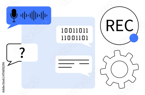 Microphone, binary code, chat bubbles, gear, and REC button highlight audio recording, AI speech recognition, digital communication, and automation. Ideal for tech AI innovation communication