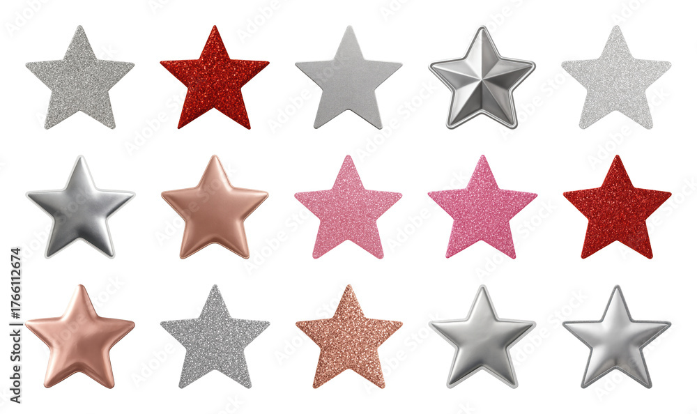 Fototapeta premium PNG Colorful metallic and glitter stars, element set on transparent background