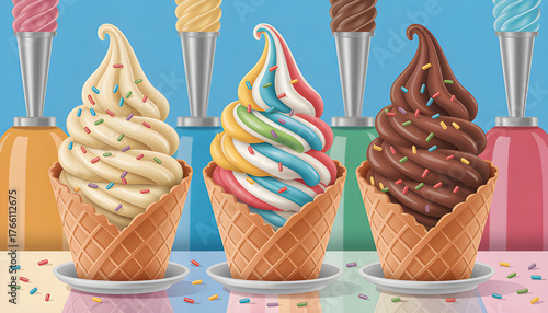 Three waffle cones are filled with vanilla rainbow and chocolate soft serve ice cream from dispensers topped with sprinkles against a bright blue background in a fun dessert scene