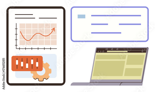 Chart with upward trend, candlestick graph, browser layout, and laptop. Ideal for business, analysis, statistics, growth finance web design planning. A simple flat metaphor