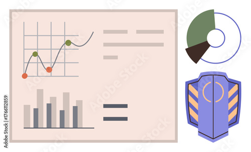 Line graph and bar chart on digital board, pie chart, and shield symbolizing data protection. Ideal for business, analytics, finance, cybersecurity, risk management, technology simple flat metaphor
