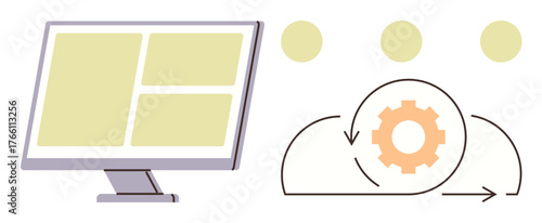 Monitor displaying grid layout, gear within cloud icon representing process automation and iteration. Ideal for development, engineering, process management, cloud computing, technology