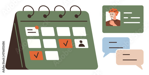 Desktop calendar marked with events, profile card with picture, and chat bubbles. Ideal for time management, communication, organization, planning, collaboration networking scheduling. Simple flat