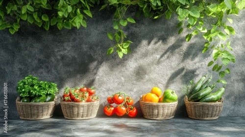 Assortment of Fresh Organic Vegetables and Fruits in Wicker Baskets, Presented on a Rustic Concrete Surface with Green Foliage and Sunlight.