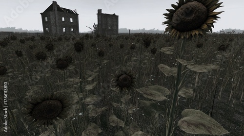 Desolate Field of Withered Sunflowers with Ruined Buildings Under an Overcast Sky, Symbolizing Decay and Environmental Impact