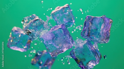 Dynamic Blue and Purple Ice Cubes Splashing with Water Droplets on a Green Background