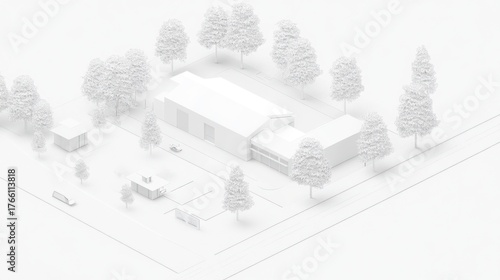 Isometric White Architectural Model of Modern Building Complex with Minimalist Landscape and Abstract Trees