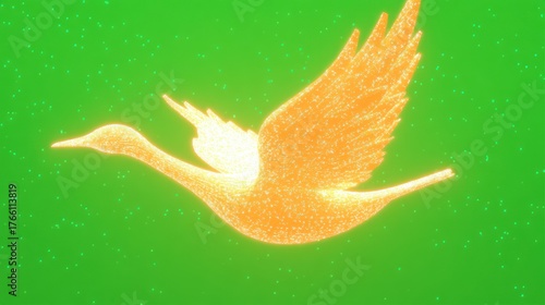 Luminous Particle Bird Flying on Vibrant Green Digital Background