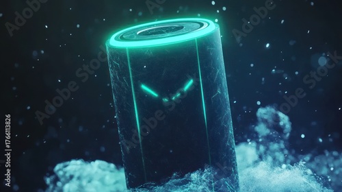 Glowing Sci-Fi Energy Cell with Abstract Face and Particle Effects in Dark Environment