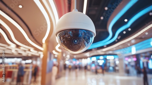 Security Camera Dome Monitoring Modern Shopping Mall Interior with Blurred People and Abstract Lighting