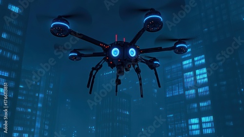 Sci-fi drone with blue neon lights flying through a modern cityscape at night.