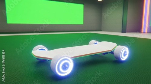 3D Rendered Longboard with Glowing Blue Wheels and Vibrant Edges in a Clean Futuristic Environment