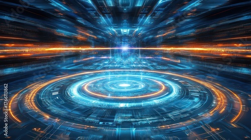 Abstract Digital Data Tunnel with Glowing Blue Orange Lines, Futuristic Network, Information Flow, Cyber Technology Background