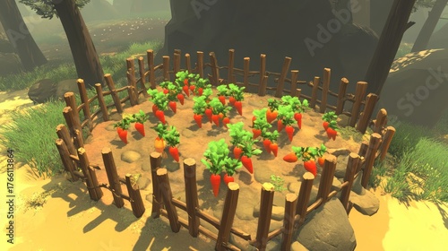 Stylized Low Poly Carrot Garden with Wooden Fence for Farming and Agriculture, Growing Vegetables in Nature