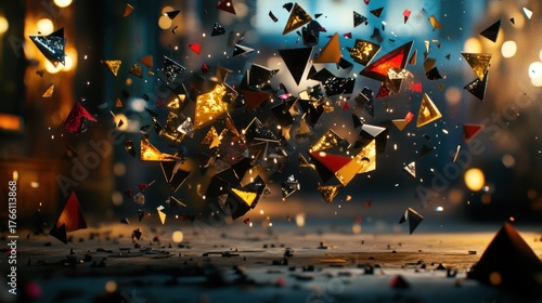 Dynamic Abstract Background with Glittering Geometric Triangles and Particles Scattering, Illuminated by Festive Bokeh Lights