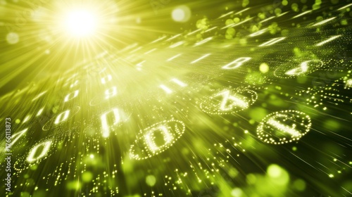 Glowing digital numbers and binary code flowing through a futuristic data stream, illuminated by bright light rays in a vibrant green technology background.