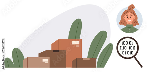 Stacked cardboard boxes, greenery, binary data in magnifying glass, and woman portrait. Ideal for logistics, efficiency, analytics, data processing organization packaging technology. Simple flat