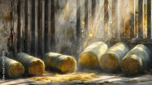 Golden hay bales stored in a rustic barn interior bathed in soft, dusty sunlight