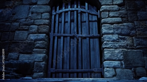 Ancient Dark Blue Wooden Gate with Iron Hardware in a Weathered Stone Wall