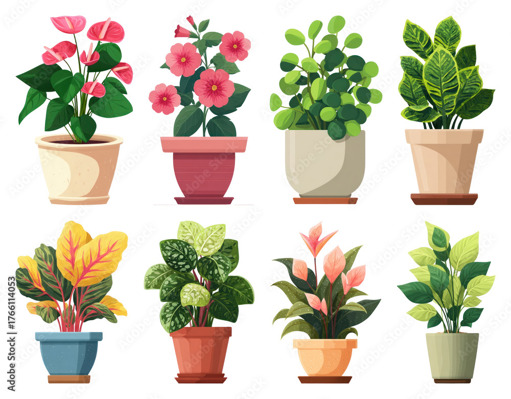 Fototapeta premium PNG Vibrant potted plants illustration, element set on transparent background