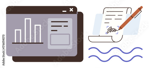 Browser window with bar chart and form alongside signing a document with a pen. Ideal for analytics, contracts, business, strategy, workflow, technology, data, simple flat metaphor