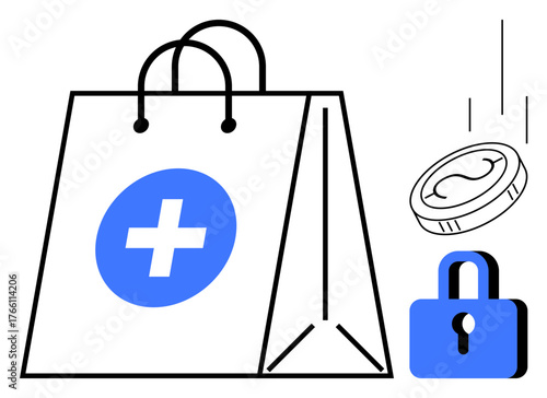 Medical bag with cross symbol, falling coin, and lock suggest safety, security, and health commerce. Ideal for online pharmacy, e-commerce, payment protection, healthcare safety measures digital