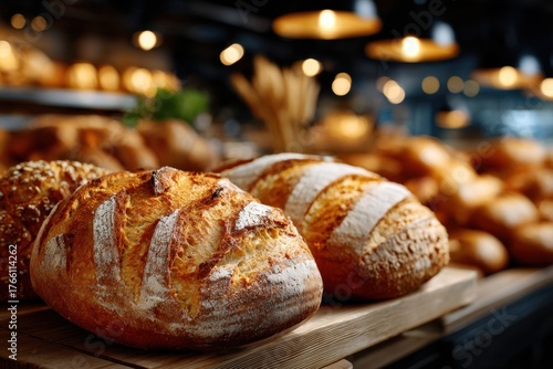 Freshly Baked Bread Loaves on Display in Bakery