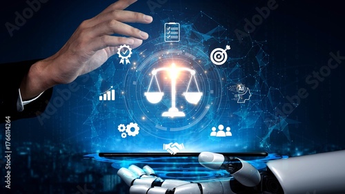 Photos Futuristic digital law interface displaying justice scale, highlighting digital law, AI compliance, digital law systems, and digital law regulations for secure governance