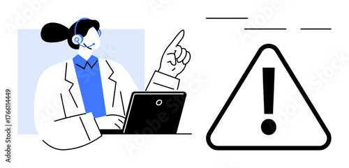 Support agent wearing a headset, pointing at a computer screen, with a triangular caution sign nearby. Ideal for customer service, tech support, warnings, problem solving, notifications