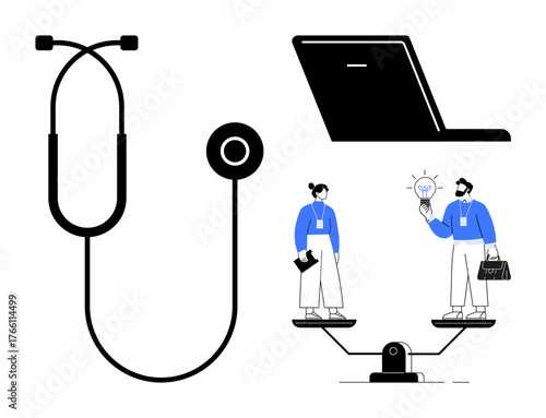 Stethoscope, laptop, and two professionals exchanging ideas on balanced scales. Ideal for medical innovation, teamwork, equality, problem-solving, decision-making, health technology collaboration